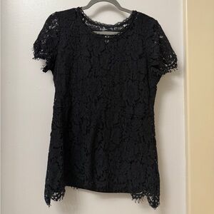 Isaac Mizrahi Live! Medium Charcoal Lace Blouse, floral, frayed ends A277151
